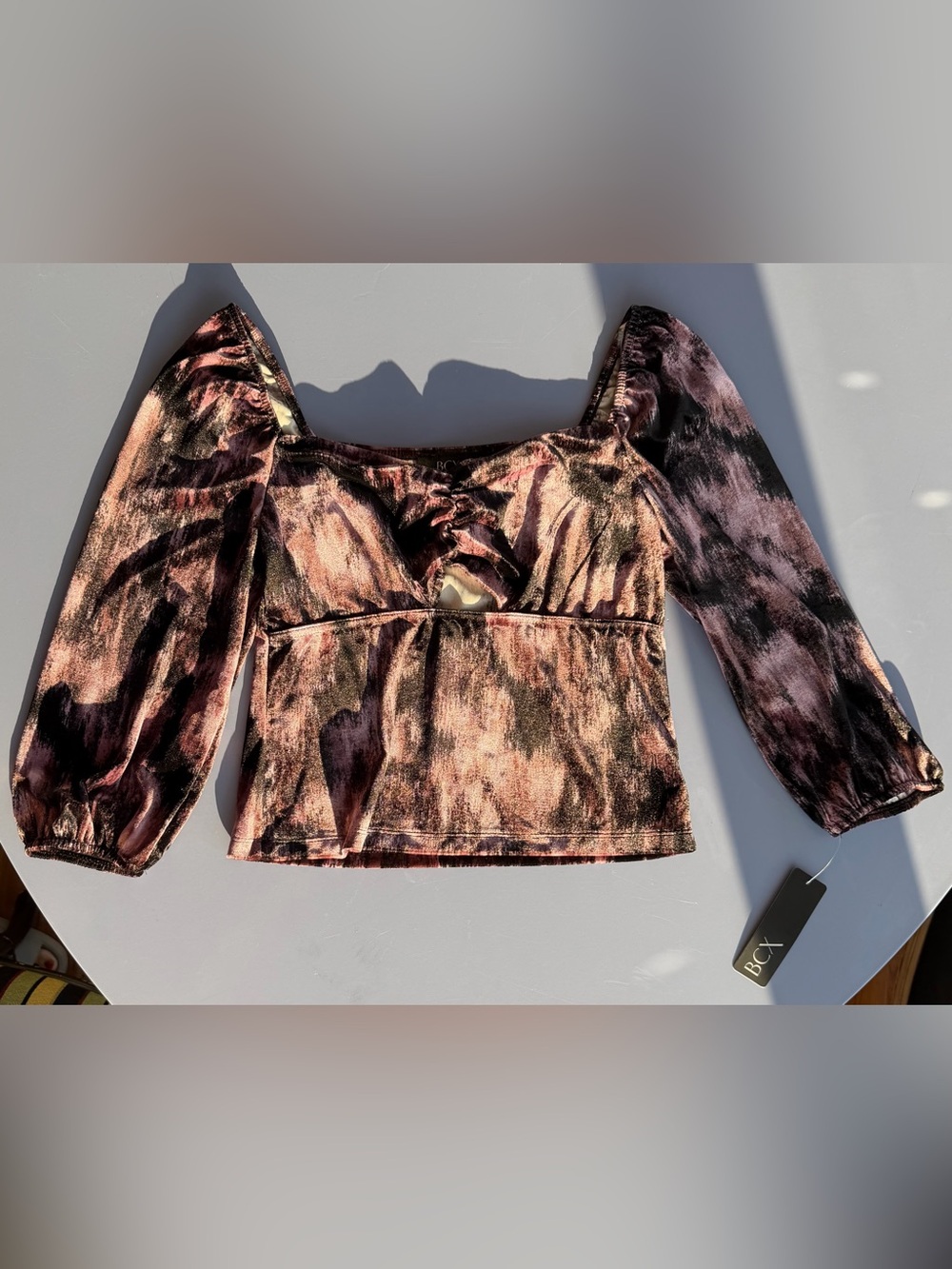 BCX Purple and Black Velvet Crop Top with Square Neck